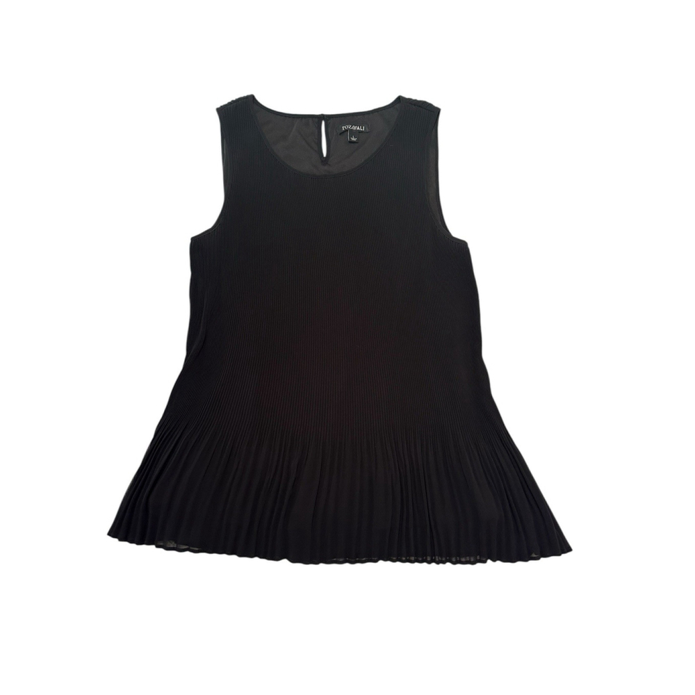 Roz & Ali Black Chiffon Tunic Blouse Women’s Large Accordion Hem Chic Sleeveless